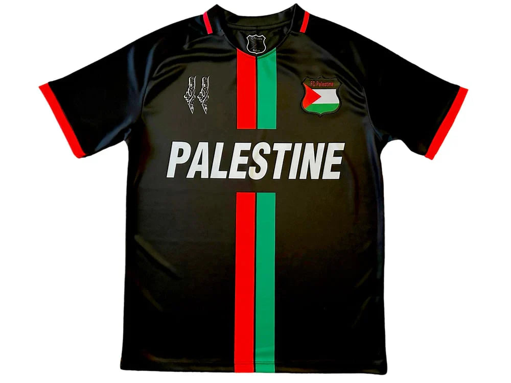 Palestine black football shirt with central stripes (red/green)