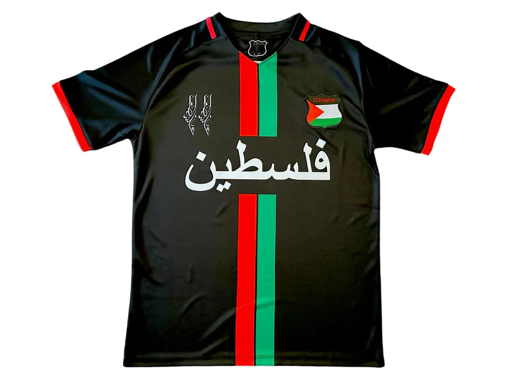 Palestine black football shirt with central stripes (red/green)